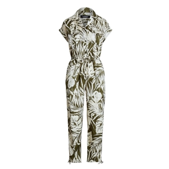 LAUREN RALPH LAUREN Safari Jumpsuit Palm Print Green/Cream Woman’s Size 16 NWOT - Picture 4 of 15